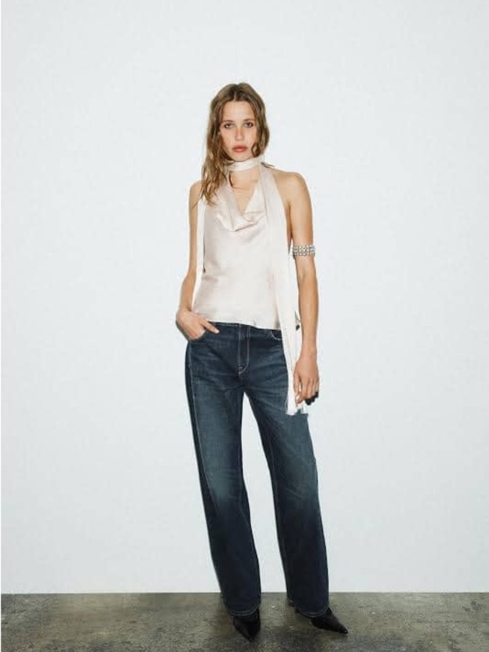 Zara Satin Cowl Neck Sleeveless Top in Cream
